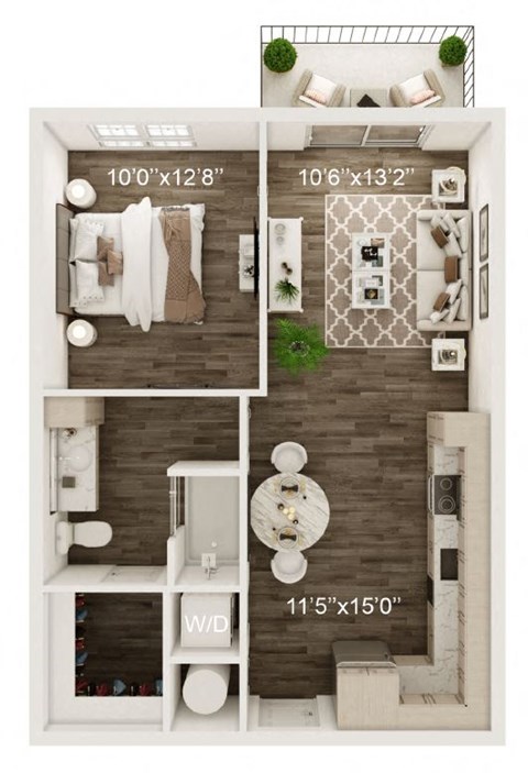 Floor plan for 1 bed, 1 bath, 663 sqft